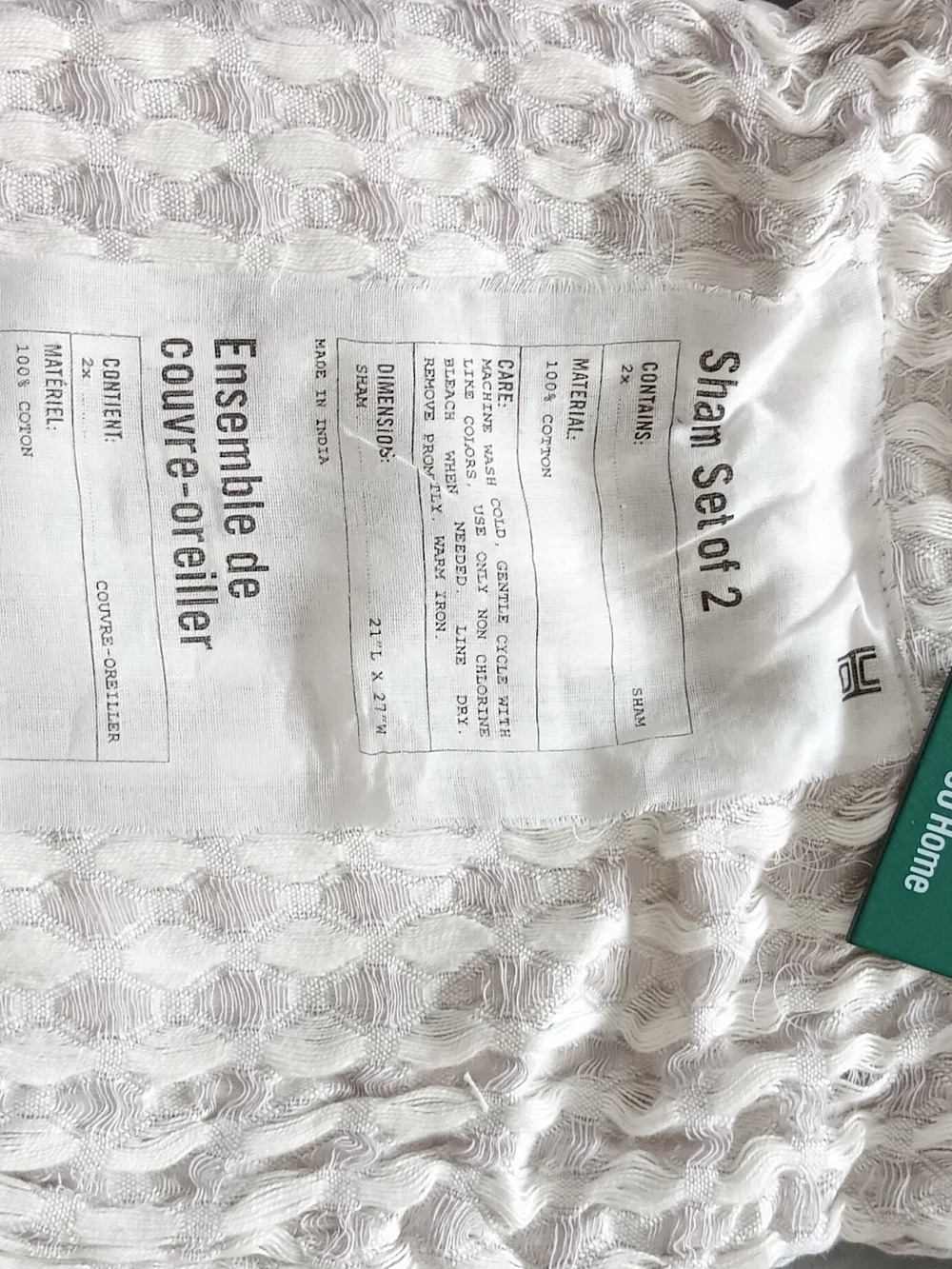 Urban Outfitters White Cotton Care-Label Shams. Standard Pillow Size